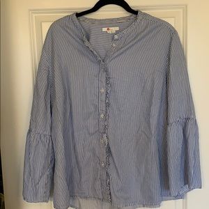 Boden striped blouse, ruffle placket.